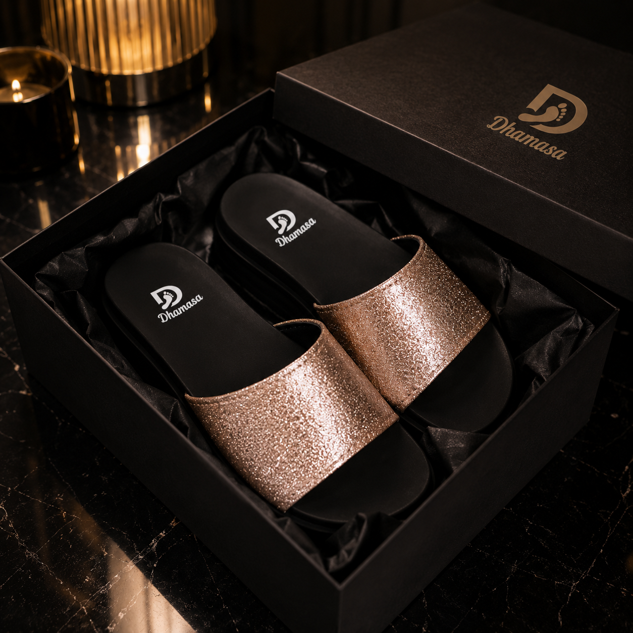 Dhamasa Women’s Glitter Luxe Comfort Slides