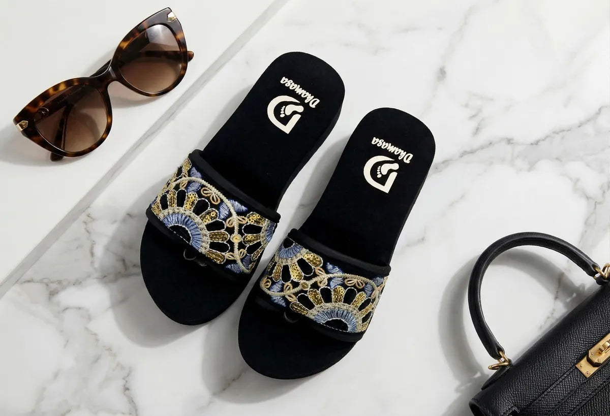 Dhamasa Midnight Royale Embroidered Comfort Sliders for Women