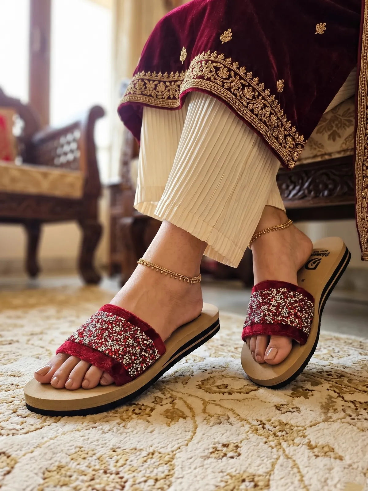 Dhamasa Crimson Glam Comfort Sliders – Stylish Daily Wear Flats