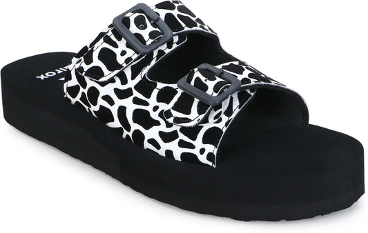 Pairox Women’s Leopard Luxe Double Buckle Wedge Slide