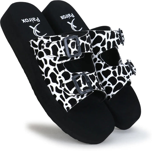 Pairox Women’s Leopard Luxe Double Buckle Wedge Slide